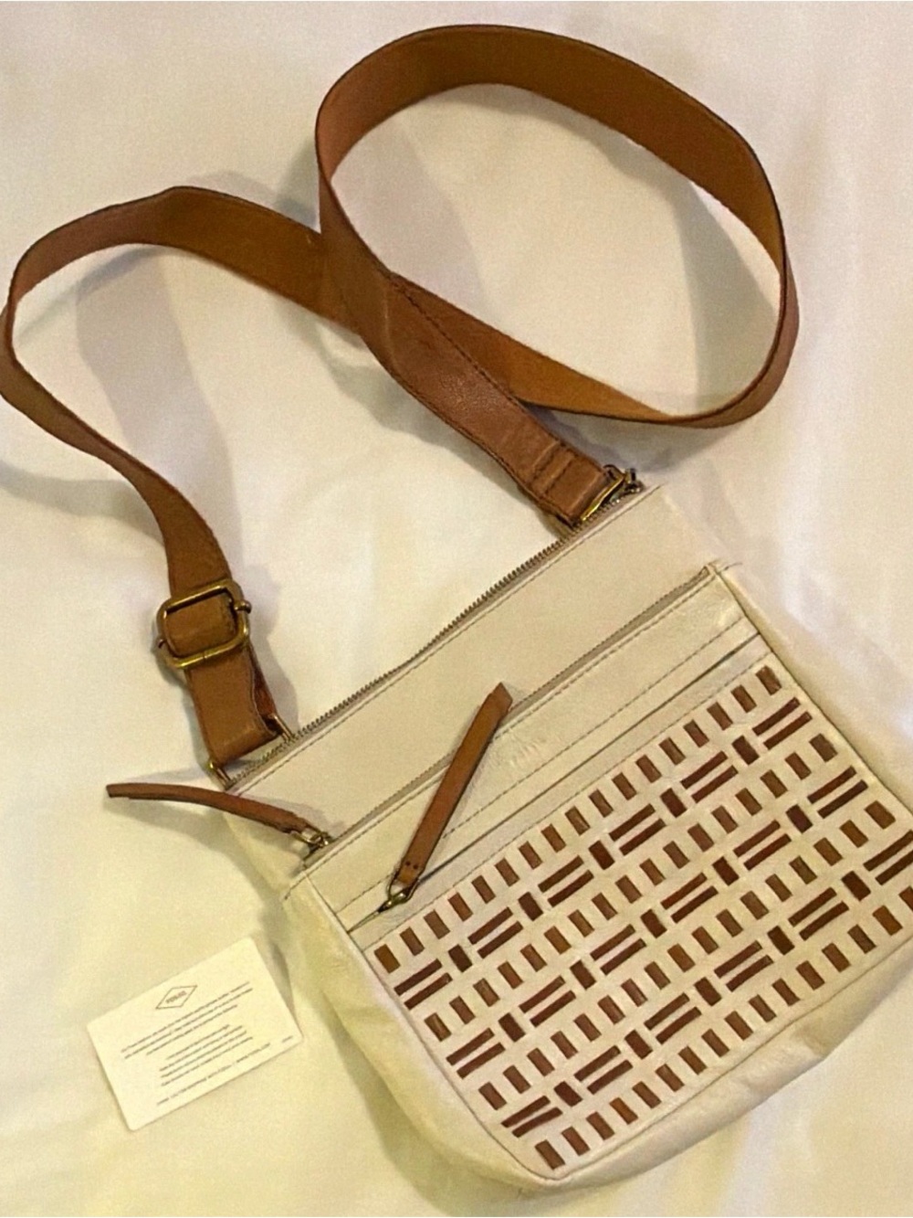 Fossil Beige/Brown Geometric Small Crossbody Bag Zip, Leather